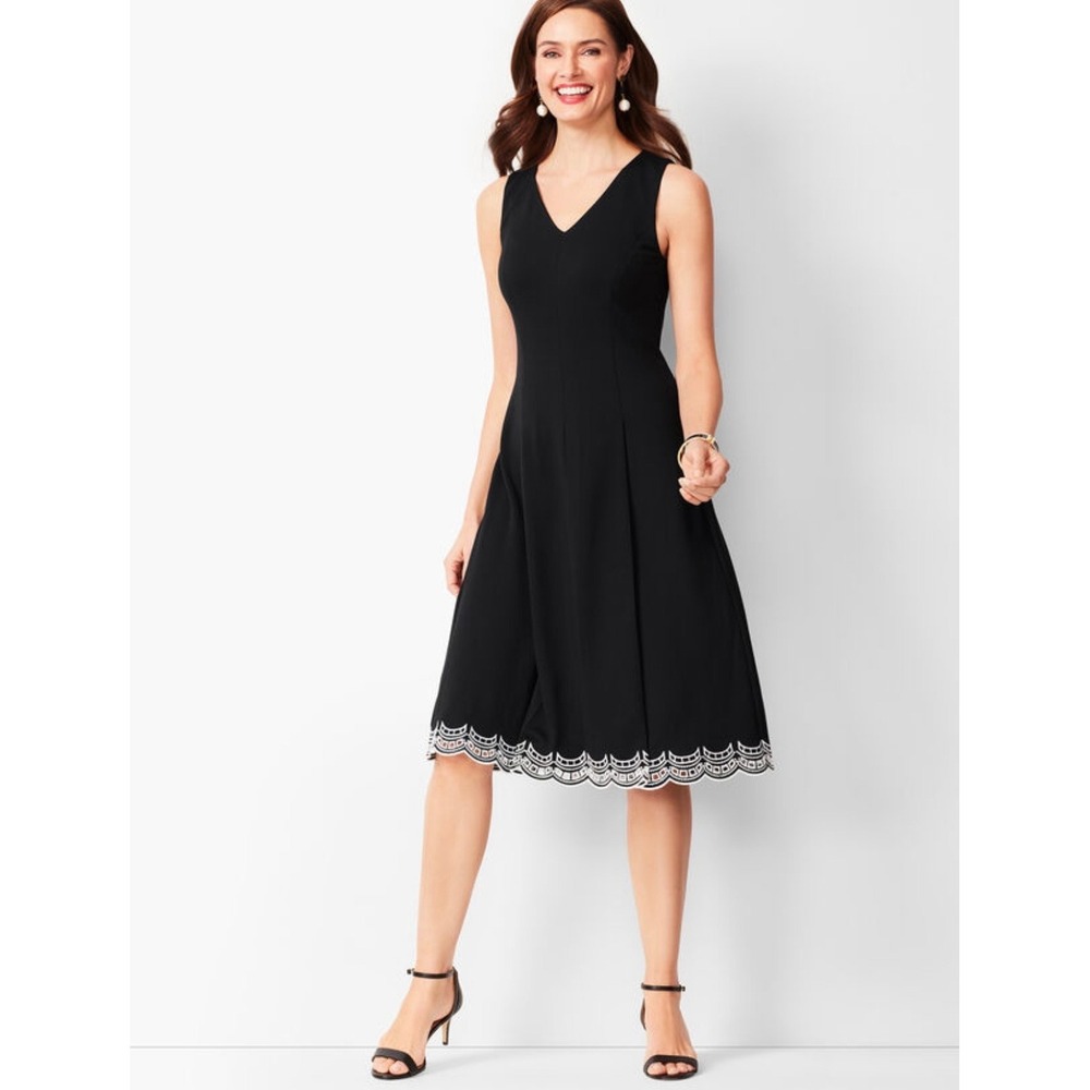 Talbots Black V-Neck Embroidered‎  Ponte Fit & Flare Dress Scallop Hem 8 NWTT